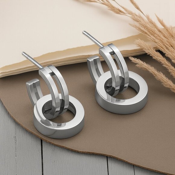 ๐ Minimalist Double Hoop Earrings 18K White Gold Plated 316L Stainless Steel - Picture 7 of 11